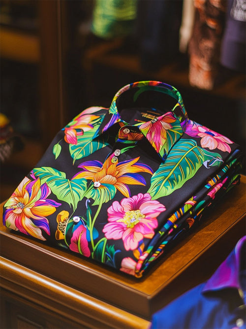 Men's Satin Luxe Hawaiian Print Short Sleeve Button Shirt