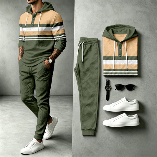 Men's Striped Patchwork Hooded Sweatshirt and Pants Set