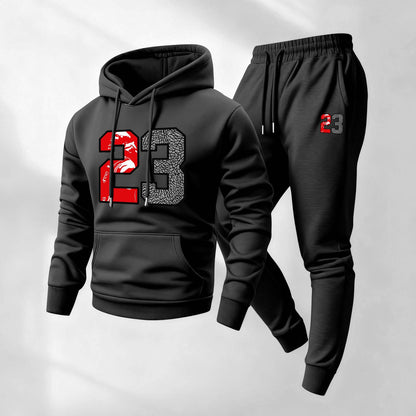 Men's Retro Basketball 23 Patterned Hoodie And Drawstring Track Pants Set, Men's Casual Athletic Long-Sleeved Hooded Jacket And Pants, Suitable For Fall And Winter, Street Style Hoodie Set, Everyday Wear, Indoor And Outdoor Sportswear