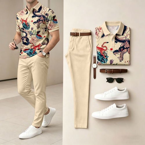 Men's Casual Dragon-Tiger And Peony Print Short-Sleeve Polo Shirt And Pants Set (Excludes Accessories Such As Watches And Belts)