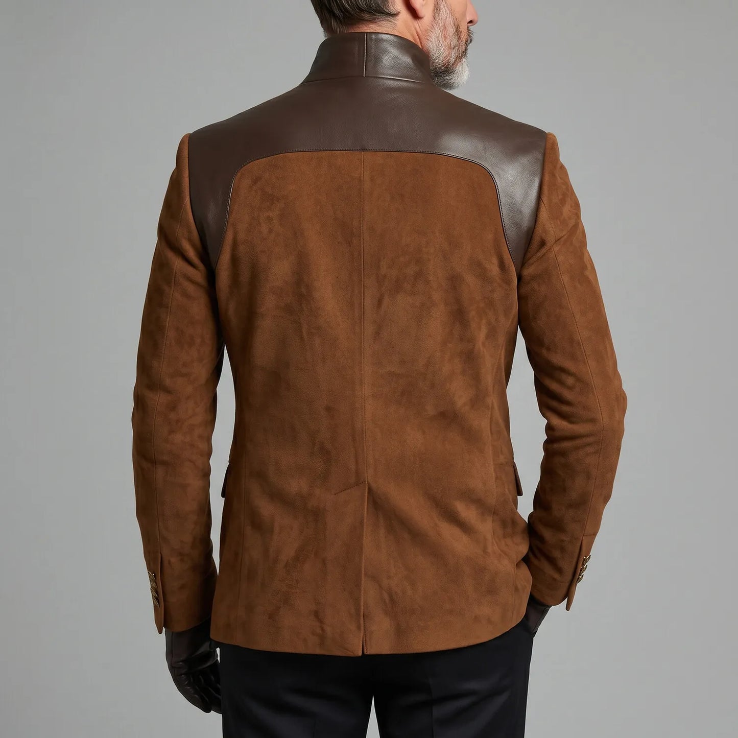 Men's Vintage Asymmetric Oblique Button PU Leather Contrast Spliced Suede Stand Collar Long Sleeve Jacket