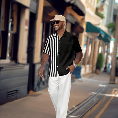 Men's Retro Colorblock Short Sleeve Shirt Walking Suit 1124