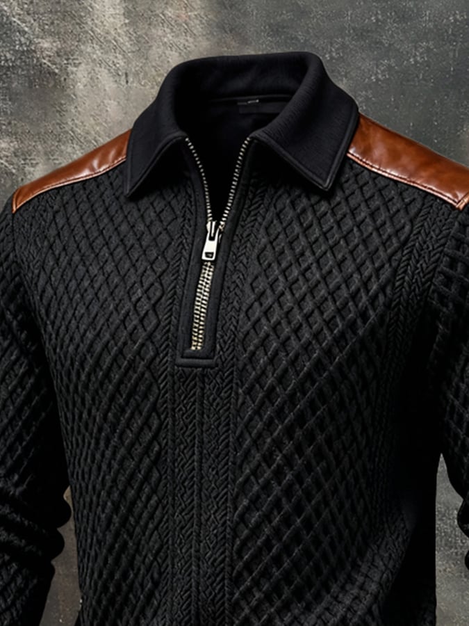 Men'S Vintage-Style Textured Patchwork Color-Block Long-Sleeved Sweatshirt