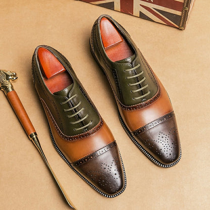 Men's Stylish Color Block British Casual Lace-Up Brogues Oxford Leather Shoes