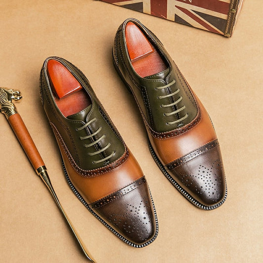 Men's Stylish Color Block British Casual Lace-Up Brogues Oxford Leather Shoes