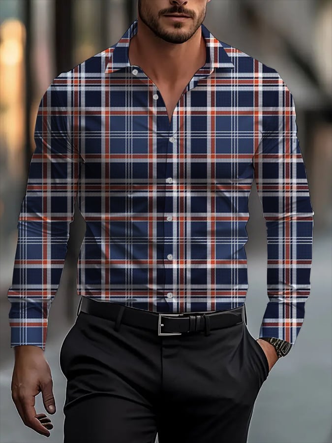 Men's Classic Business Plaid Stripe Print Long Sleeve Shirt