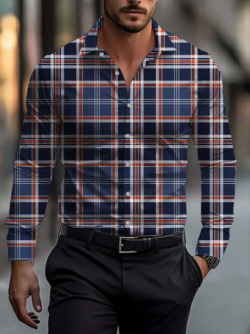 Men's Classic Business Plaid Stripe Print Long Sleeve Shirt