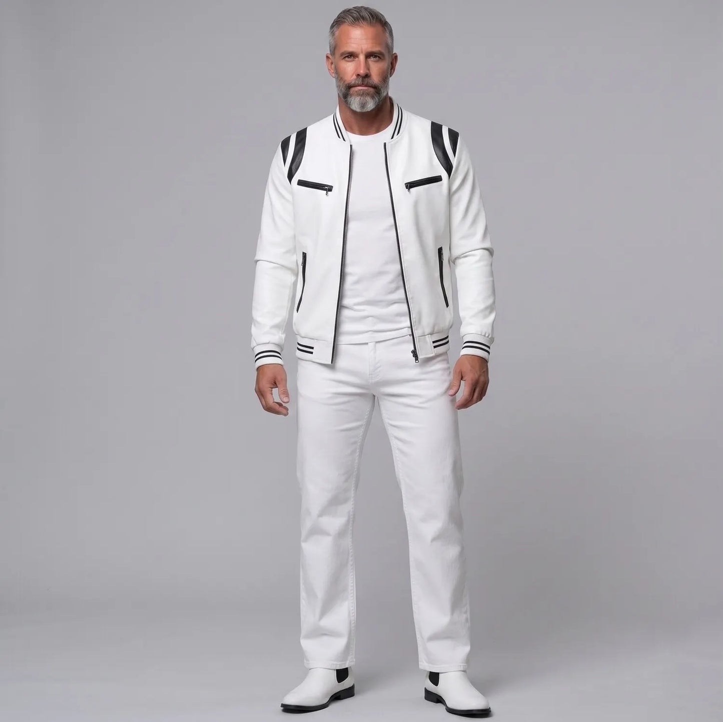 Men's PU Leather Contrast Stripes Zipper Pockets Bomber Jacket