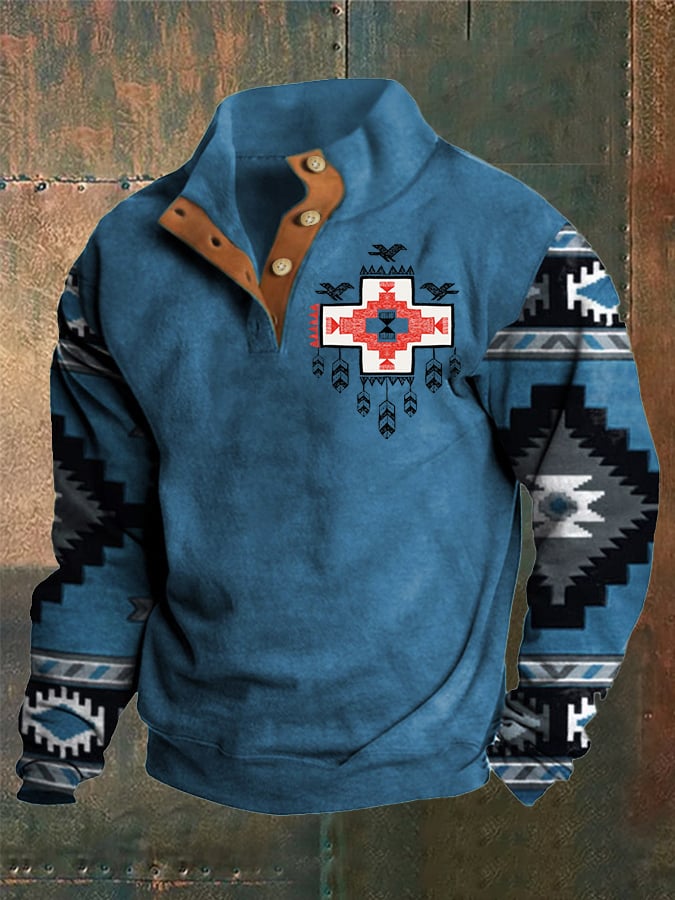 Men's Western Style Printed Stand Collar Button Sweatshirt