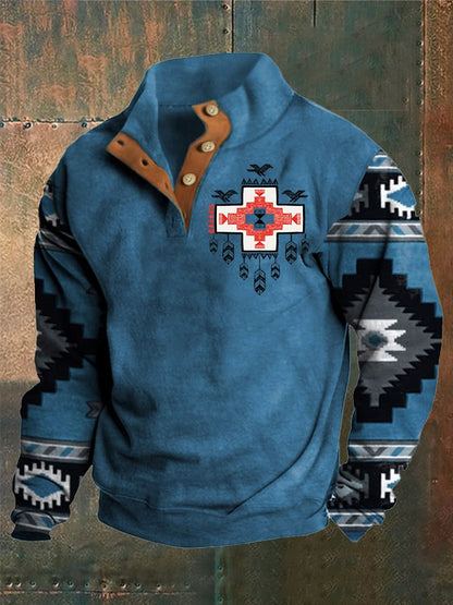 Men's Western Style Printed Stand Collar Button Sweatshirt