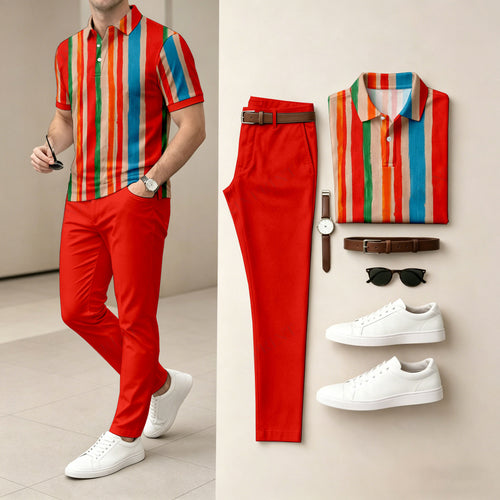 Men's Casual Striped Patchwork Print Short-Sleeve Polo Shirt And Pants Set (Excludes Accessories Such As Watches And Belts)
