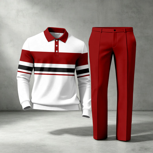 Men's Striped Long-Sleeve Polo Shirt and Pants Two-Piece Set