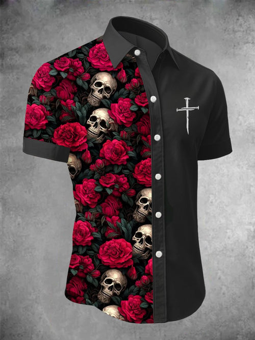 Men's Casual Fashion Dark Pattern Cross Crow Contrast Shirt