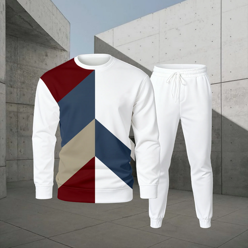 Men's Casual Color Matching Printed Round-Neck Long-Sleeve Sweatshirts Trousers Two-Piece Set
