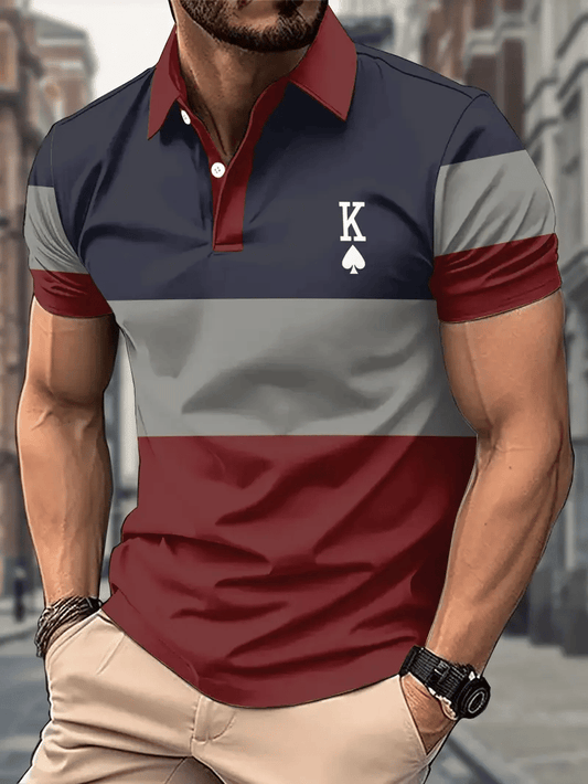 Men's Business Stripe Logo Button-Down Short Sleeve Polo Shirt