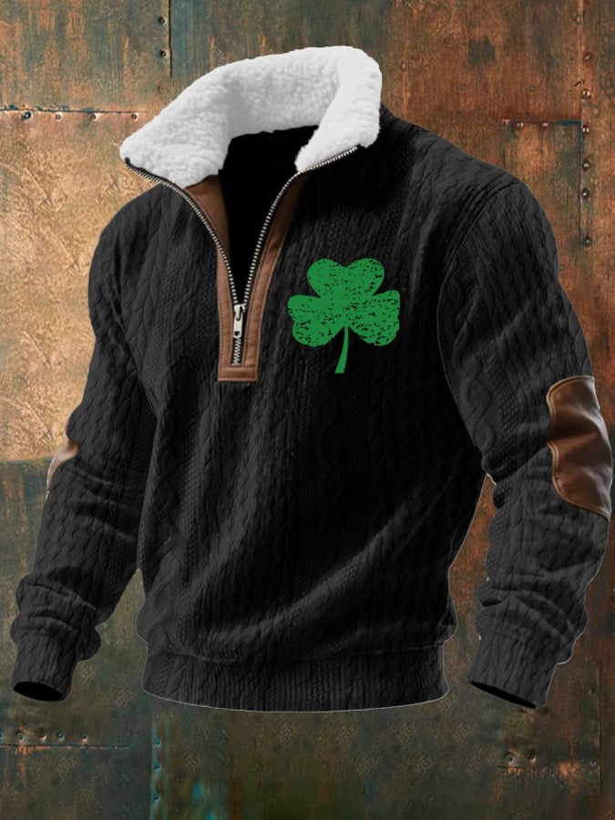 Men's St. Patrick's Clover Jacquard Fabric Zipper Fur Collar Long-Sleeved Sweatshirt