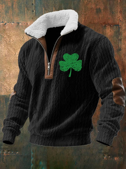 Men's St. Patrick's Clover Jacquard Fabric Zipper Fur Collar Long-Sleeved Sweatshirt