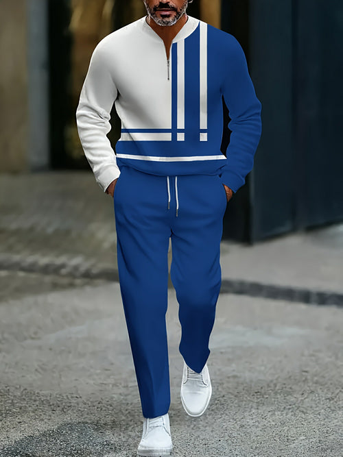 Men's Casual Royal Blue & White Color Matching Checked Printed Round-Neck Zipper Long Sleeved Trousers Two-Piece Set
