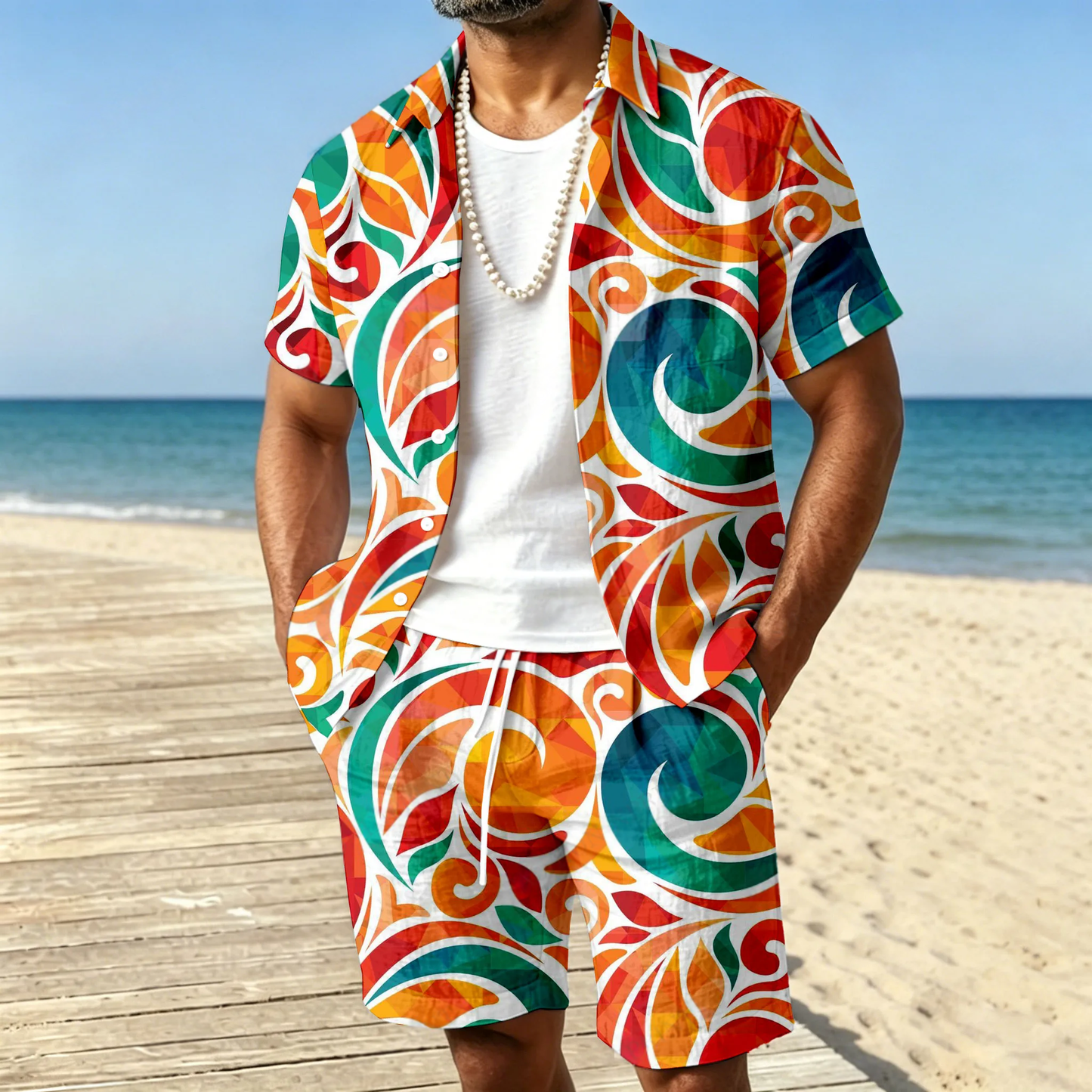 Men's Casual Orange Color Short-Sleeved Shirt And Shorts Two-Piece Set