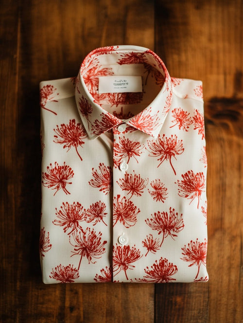 Men's Business Casual Higanbana Floral Lapel Short Sleeve Shirt