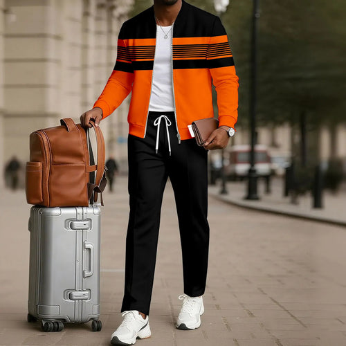 Men's Two-Piece Set: Color-Blocked Printed Zip-Up Cardigan and Pants
