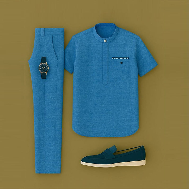 Men's Casual Blue Color Short Sleeved Henry Collar T-Shirt & Trousers Two-Piece Set