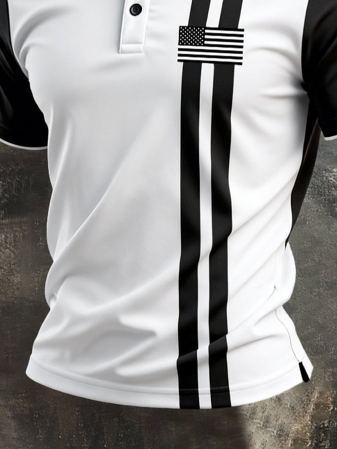 Men's Retro Patriotic Color-Block Short-Sleeve Polo Shirt