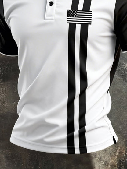 Men's Retro Patriotic Color-Block Short-Sleeve Polo Shirt