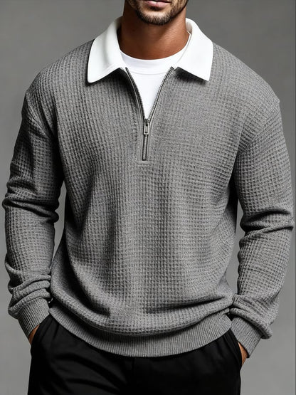 Men'S Vintage Waffle-Knit Casual Outdoor Long-Sleeved Polo Shirt