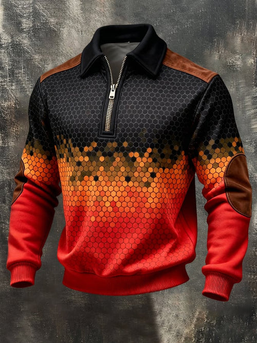 Men's Retro Color Block Print Color-Blocked Zip-Up Sweatshirt
