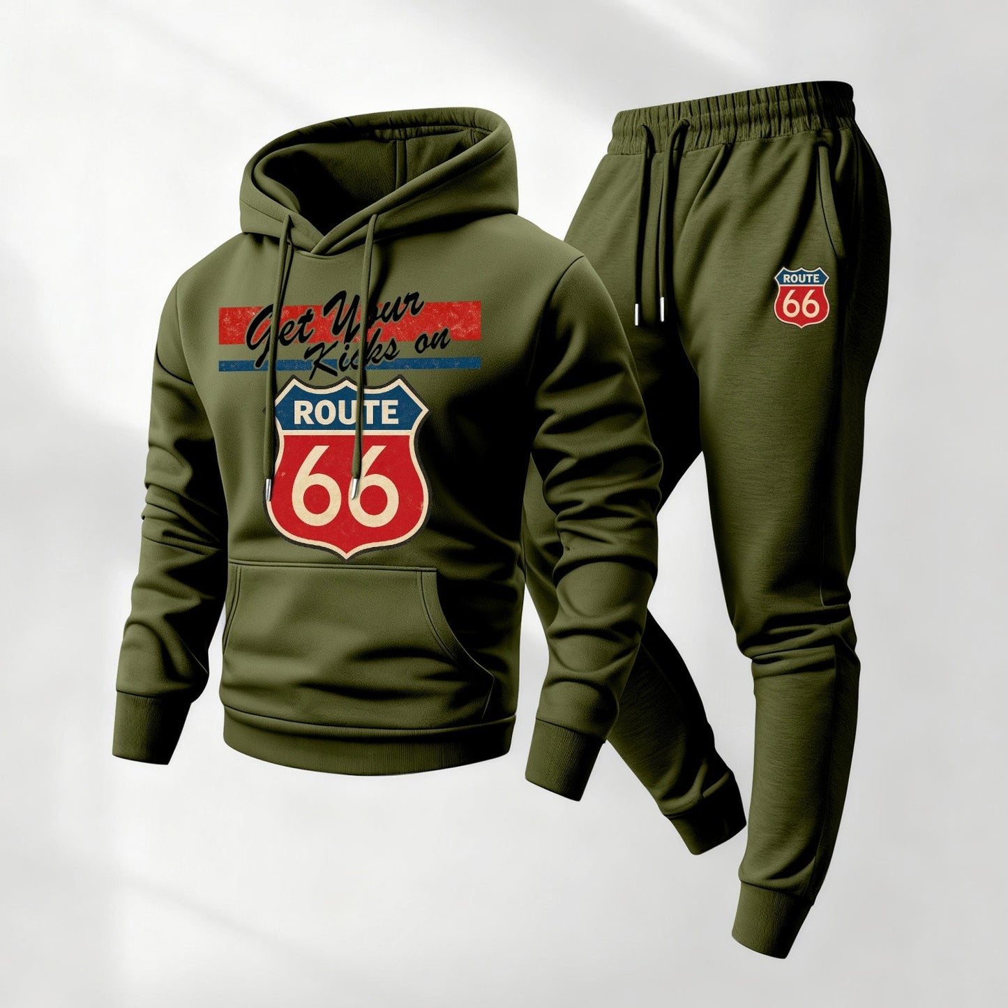 Men's Route 66 Retro Patterned Hoodie And Drawstring Track Pants Set, Men's Casual Athletic Long-Sleeved Hooded Jacket And Pants, Suitable For Fall And Winter, Street Style Hoodie Set, Men's Everyday Wear, Indoor And Outdoor Sportswear,
