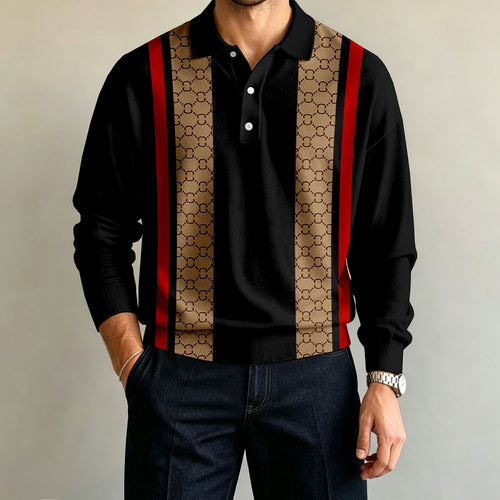 Men's Long-Sleeve Vertical-Striped Polo Shirt
