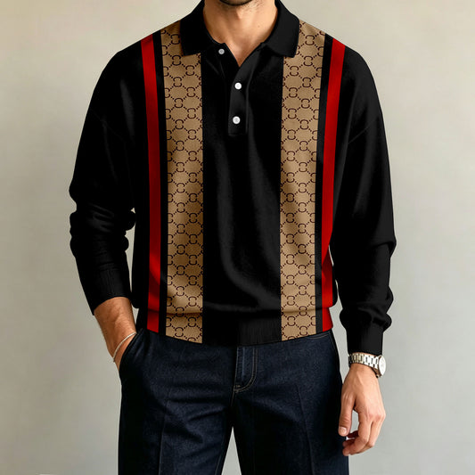 Men's Long-Sleeve Vertical-Striped Polo Shirt
