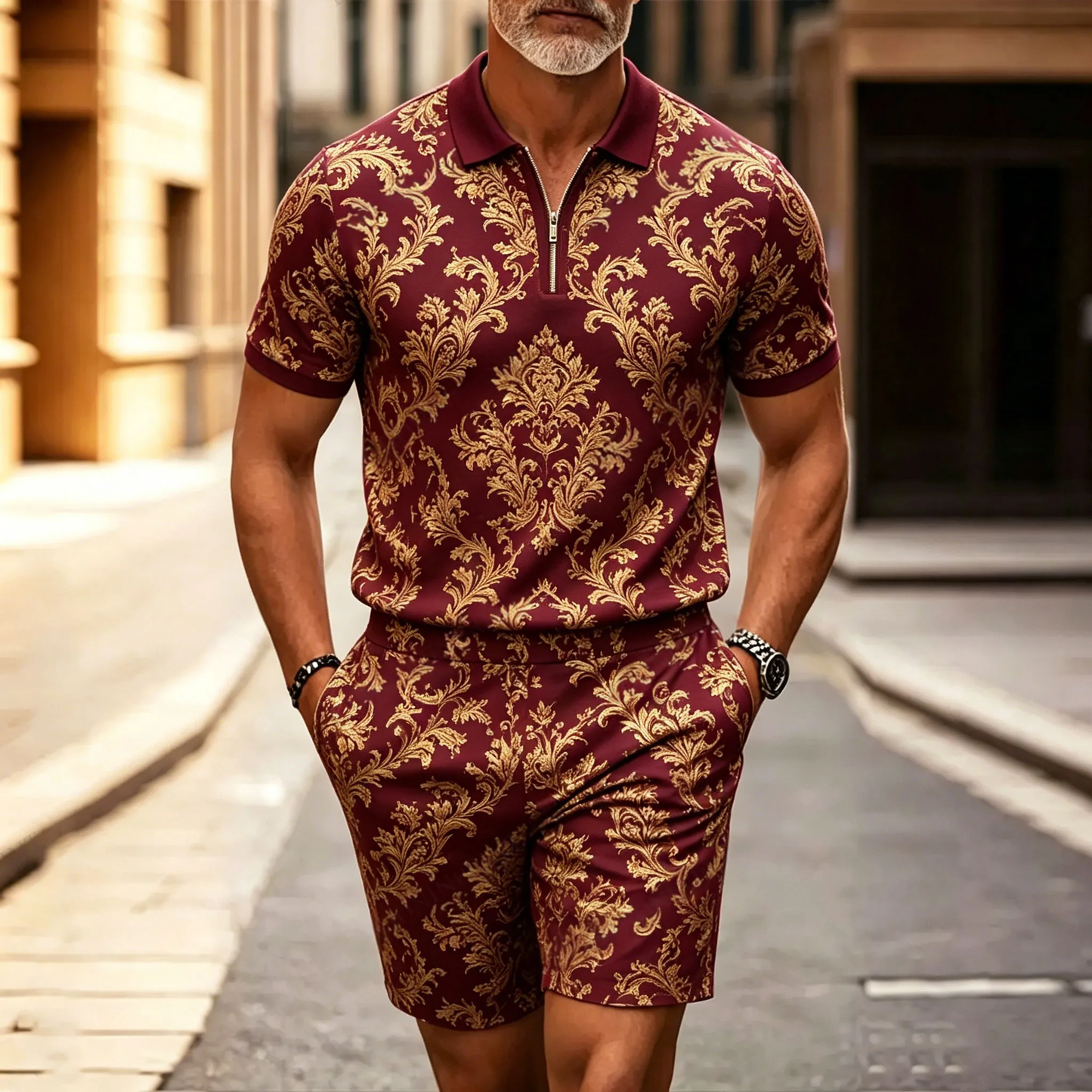Men's Casual Wine Red Pattern Half-Zip Short-Sleeved Shirt And Shorts Two-Piece Set