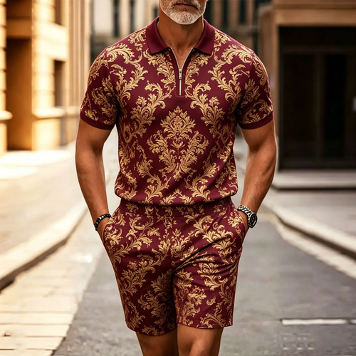 Men's Casual Wine Red Pattern Half-Zip Short-Sleeved Shirt And Shorts Two-Piece Set