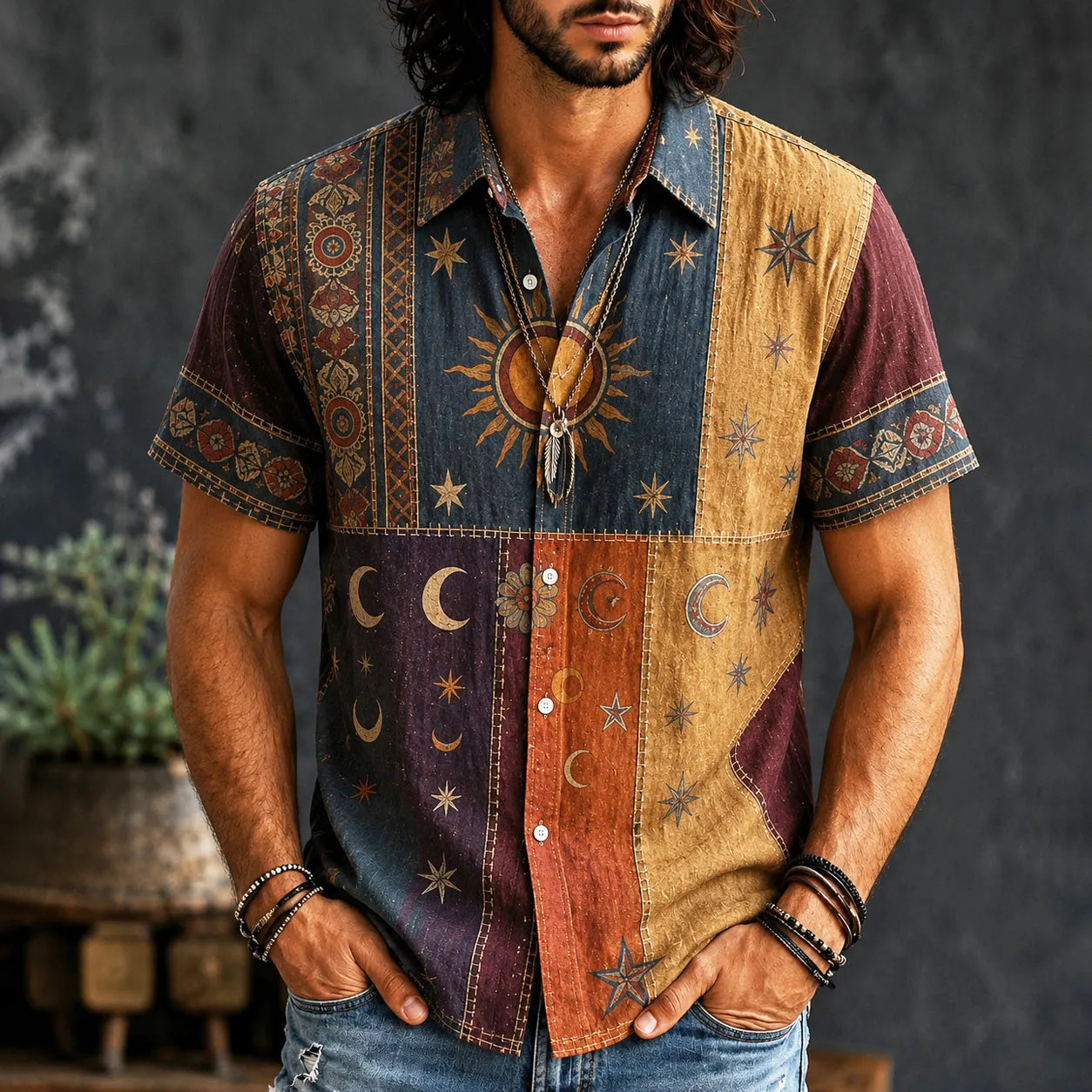 Men's Hippie Sun And Moon Element Patchwork Art Print Short Sleeves Shirt