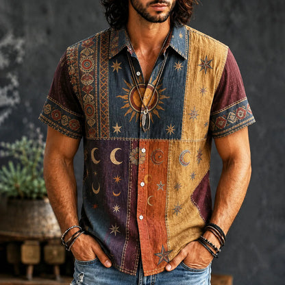 Men's Hippie Sun And Moon Element Patchwork Art Print Short Sleeves Shirt