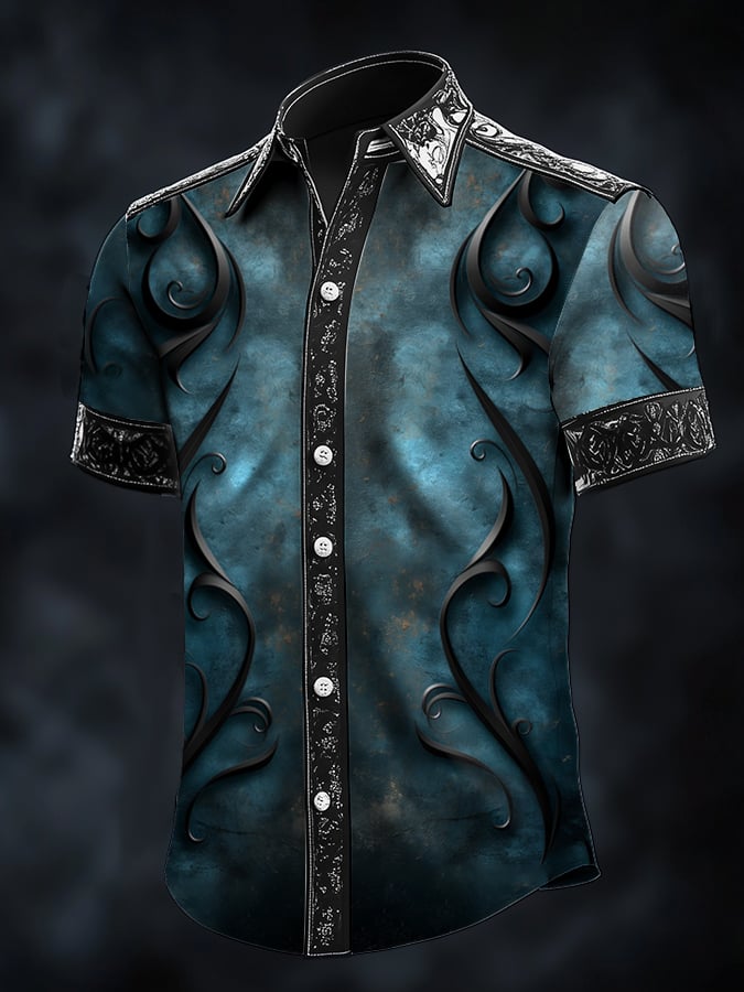 Men's Casual Fashion Dark Pattern Contrast Satin Shirt