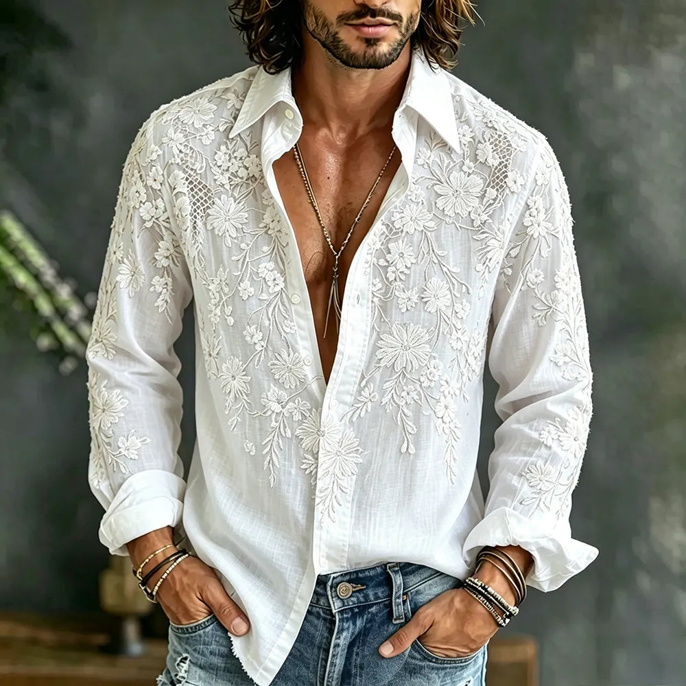 Men's Vintage White Cherry Blossom And Lace Art Blend Cotton Linen Comfortable Casual Long Sleeve Shirt