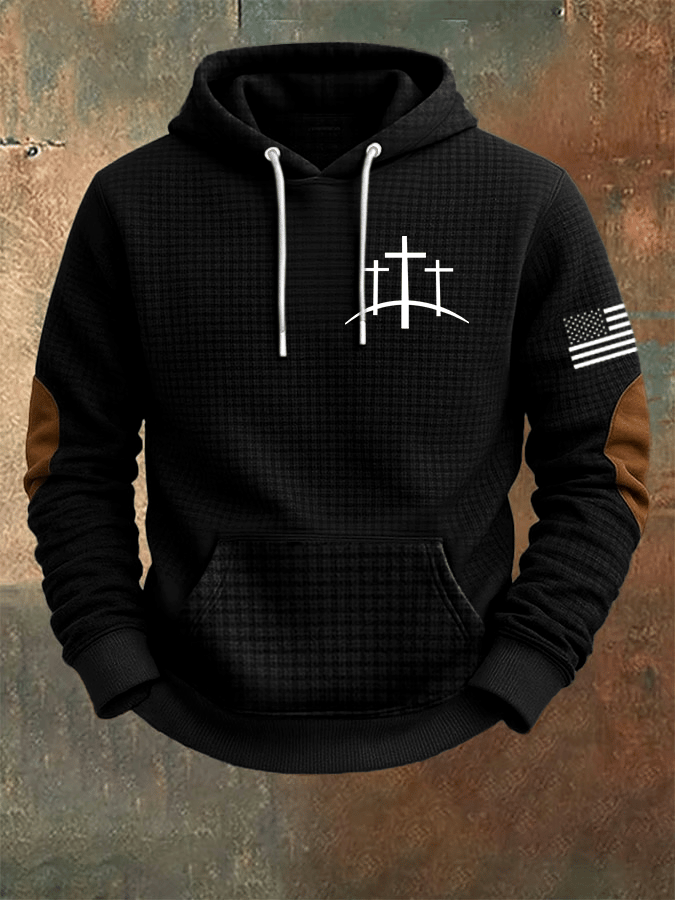 Men's Faith Print Checkered Fabric Hooded Sweatshirt