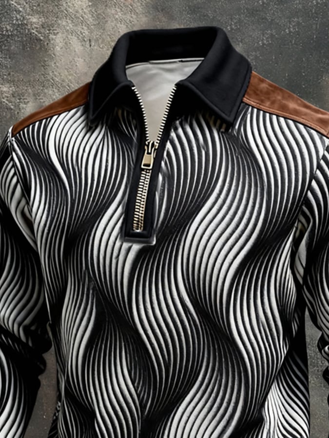 Men's Retro Color Block Print Color-Blocked Zip-Up Sweatshirt
