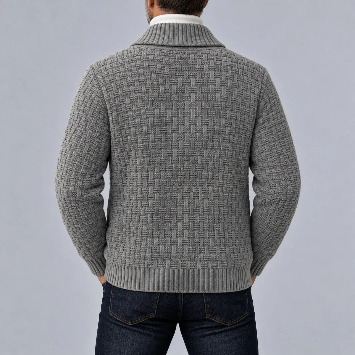 Men's Gray Geometric Textured Knit Shawl Lapel Single-Breasted Cardigan