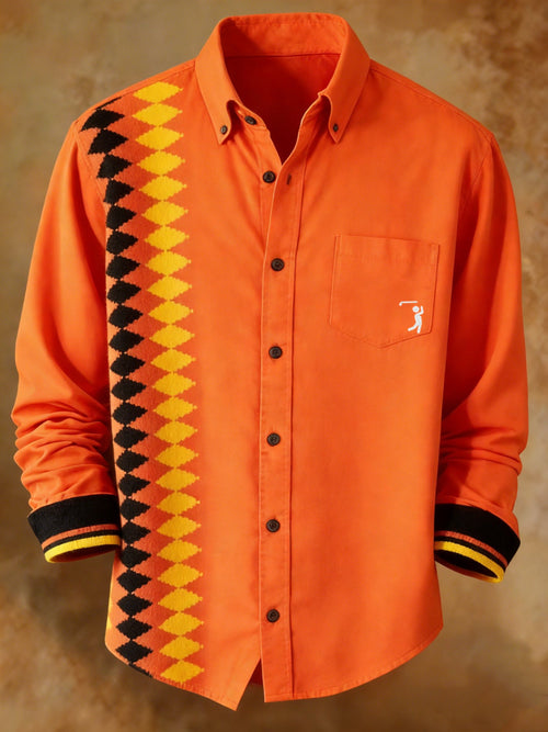 Men's Retro Plaid Pattern Print Orange Shirt