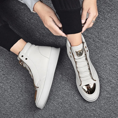 Men's Casual Solid Zipper Metal Decor Lace Up High Top PU Leather Martin Boots