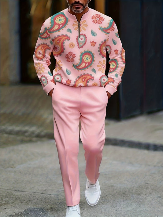 Men's Casual Color Matching Printed Round-Neck Zipper Long Sleeved Trousers Two-Piece Set
