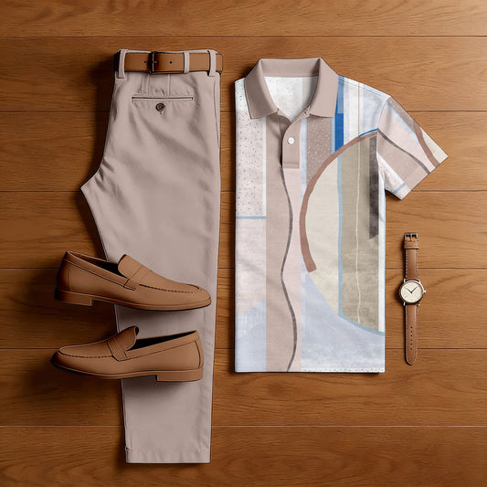 Men's Casual Pink & Multi Color Matching Printed Short Sleeved Polo Shirt & Trousers Two-Piece Set