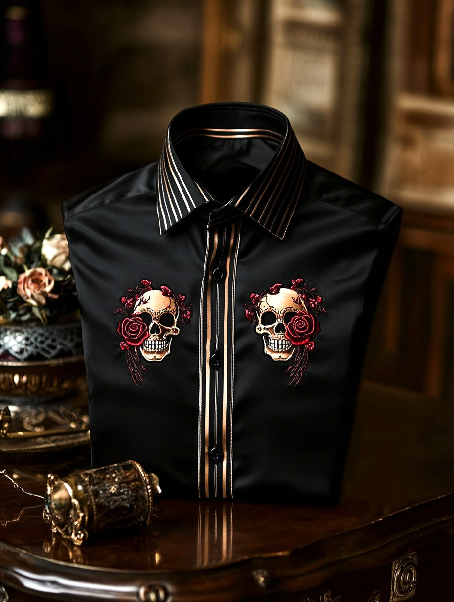 Men's Satin Skull Rose Casual Long Sleeve Button-Down Shirt