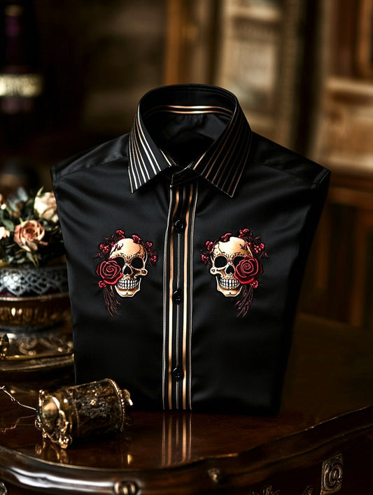 Men's Satin Skull Rose Casual Long Sleeve Button-Down Shirt