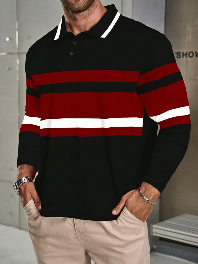 Men's Striped Business Casual Long Sleeve Polo Shirt