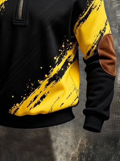 Men's Retro Color Block Print Color-Blocked Zip-Up Sweatshirt